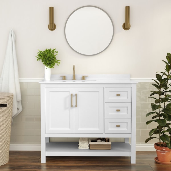 Flash Furniture Vega 42-in. Vanity w/Sink, Storage Cabinet w/Soft Close Doors, Open Shelf and 3 Drawers, White/Gold FS-VEGA42-WH-GLD-GG - main
